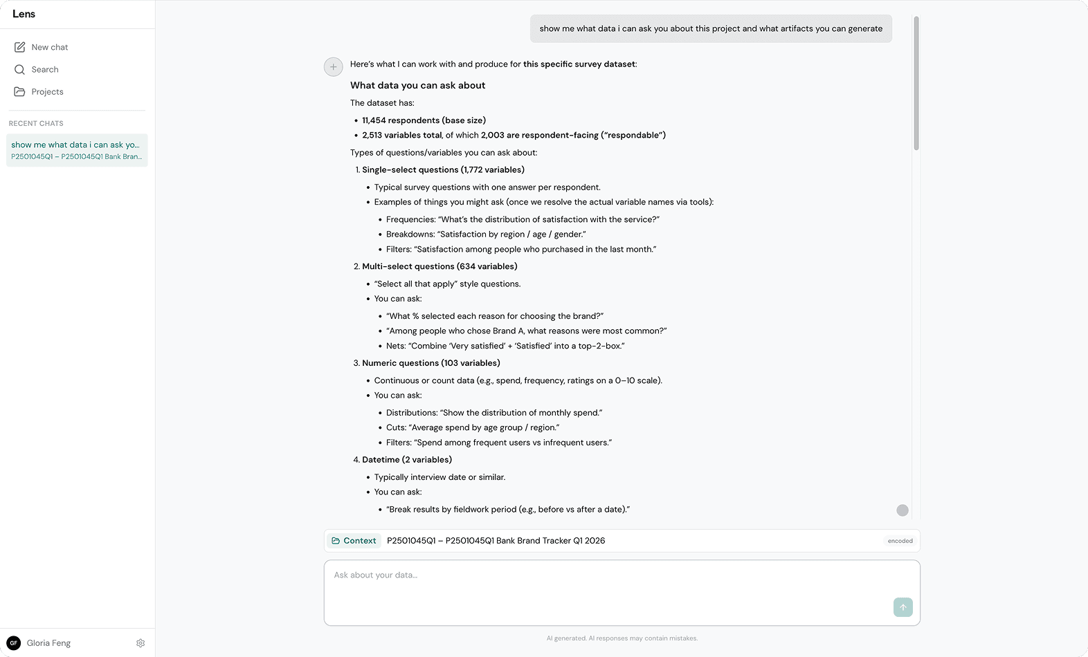 Production Lens interface showing a data-heavy conversational response